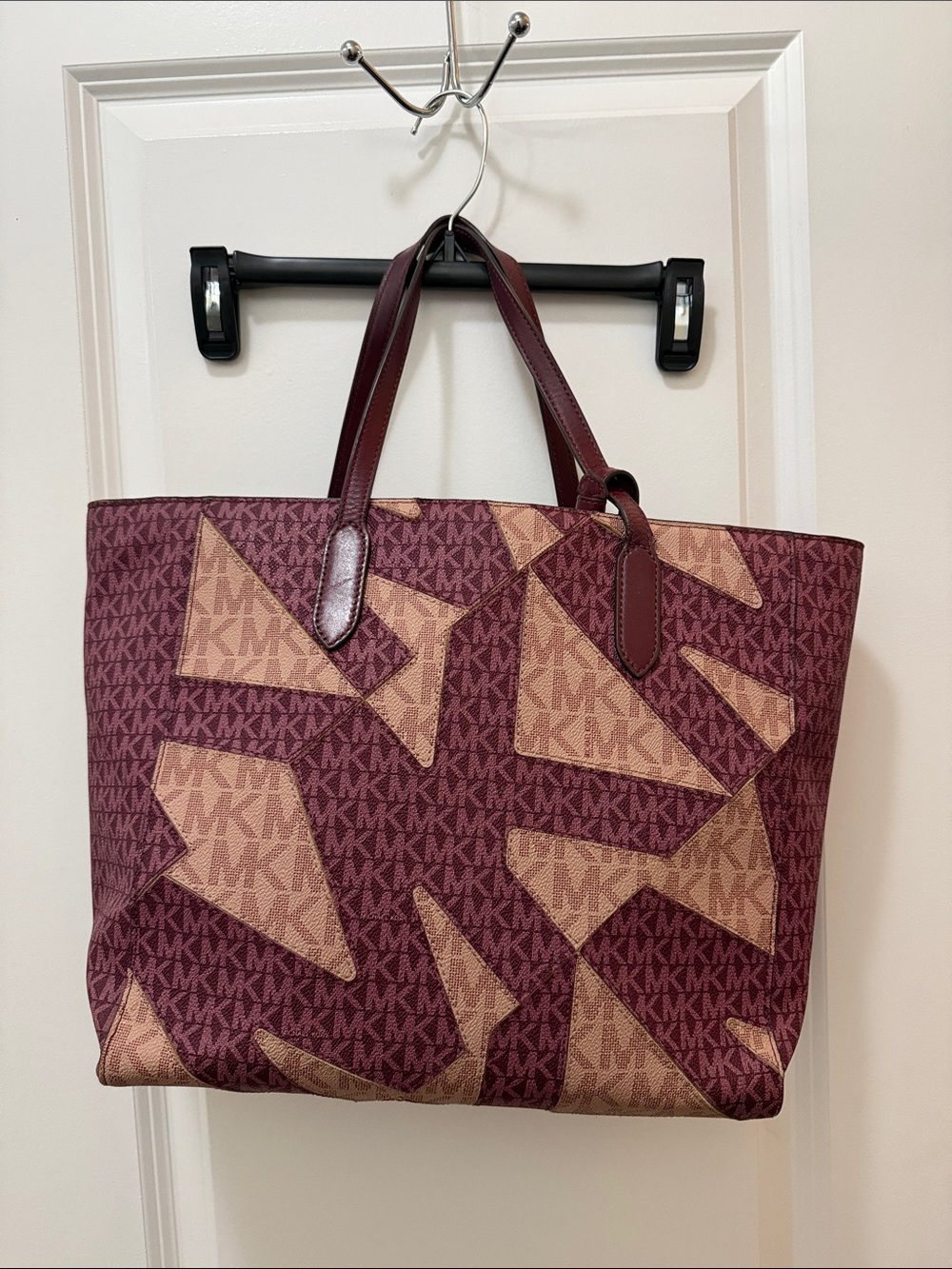 Michael Kors Maroon & Tan MK Logo Geometric Tote